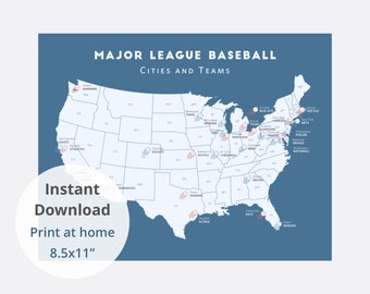 MLB Team Map download 8.5x11 / MLB baseball poster, LA Dodgers, Kansas City Royals, Tampa Bay Rays, Seattle Mariners, Chicago Cubs