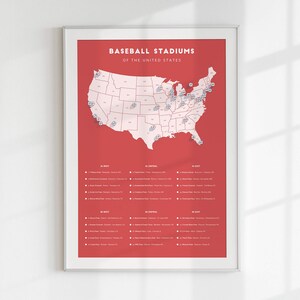 May include: A red map of the United States with white state borders and baseball stadium locations marked with small baseball icons. The title "Baseball Stadiums of the United States" is at the top of the map. A list of baseball stadiums by region is below the map.