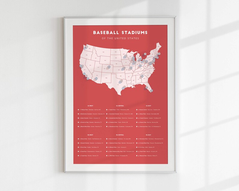 May include: A red map of the United States with white state borders and baseball stadium locations marked with small baseball icons. The title "Baseball Stadiums of the United States" is at the top of the map. A list of baseball stadiums by region is below the map.