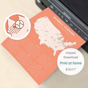 May include: A printable map of the United States showing the locations of all major league baseball stadiums. The map is on a peach background with a white outline of the United States. Each stadium is marked with a small baseball icon. The text "Baseball Stadiums of the United States" is at the top of the map. The text "Instant Download Print at home 8.5x11" is at the bottom of the map.