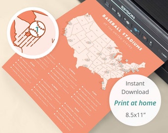 Map of Baseball Stadiums (8.5x11 print at home) / MLB stadium, SF Giants, Baltimore Orioles, Houston Astros, New York Mets, Detroit Tigers