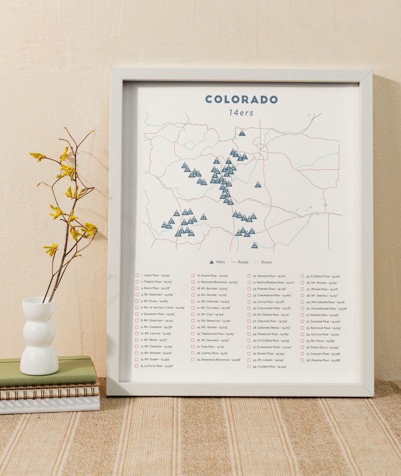 Printable Colorado 14er Checklist Colorado 14ers poster, Colorado fourteeners, Colorado 14ers download, 14er map Colorado themed gift image 2