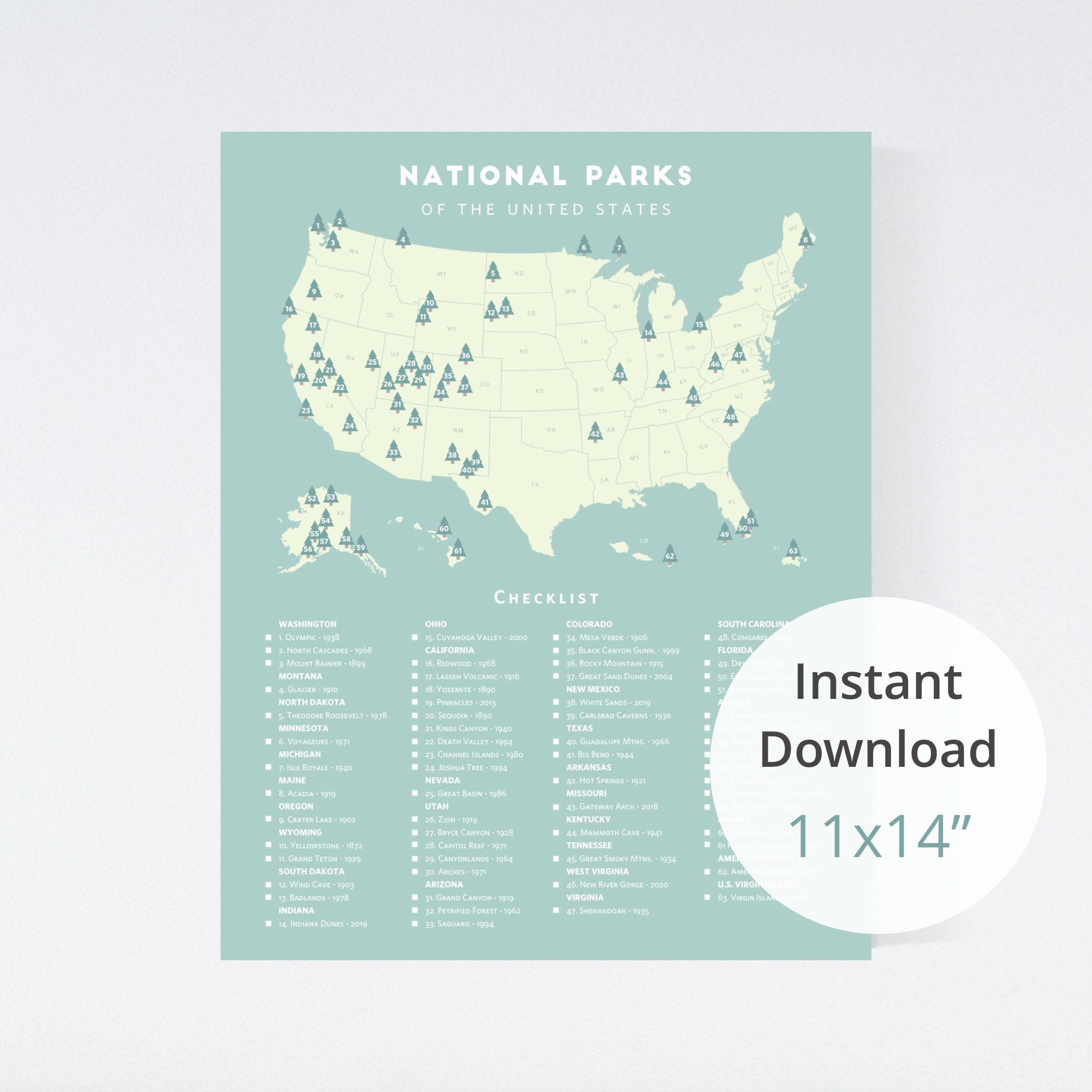 62 National Parks Map National Park Poster Download 11X14 / 63 National Parks Map | Etsy Hong Kong