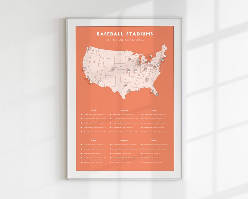 May include: A map of the United States with baseball stadiums marked with pins. The map is on a peach background with a white frame. The text "BASEBALL STADIUMS OF THE UNITED STATES" is at the top of the map.