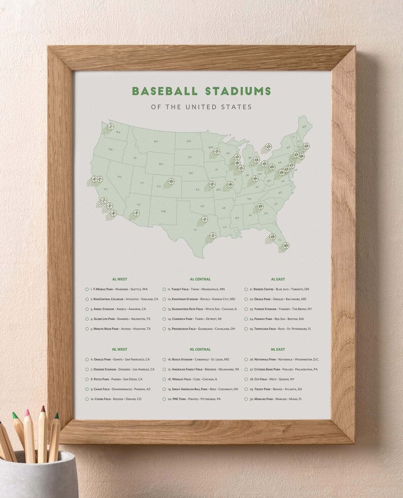 May include: A map of the United States showing the locations of all major league baseball stadiums. The map is labeled with the names of the teams and the cities where they are located. The map is in a wooden frame.