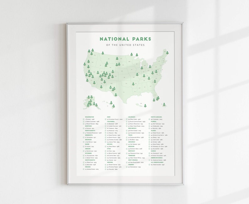 National Park Checklist Map • Minimalist National Park poster, National Parks print, National Park wedding gift, National Park bucket list White