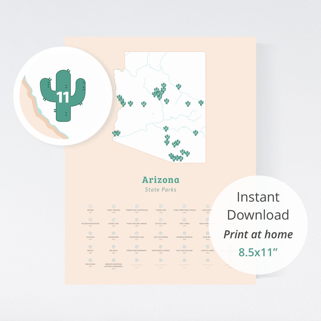 Arizona State Parks Map Download 8.5x11 Print at Home / Map Etsy