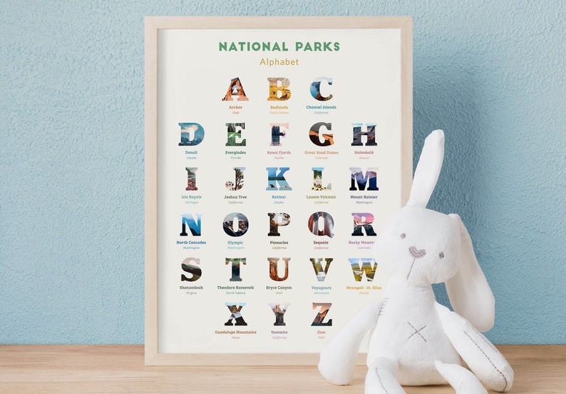 National Park nursery decor Alphabet poster National Park baby shower gift, National Park Alphabet print woodland themed nursery gift image 1