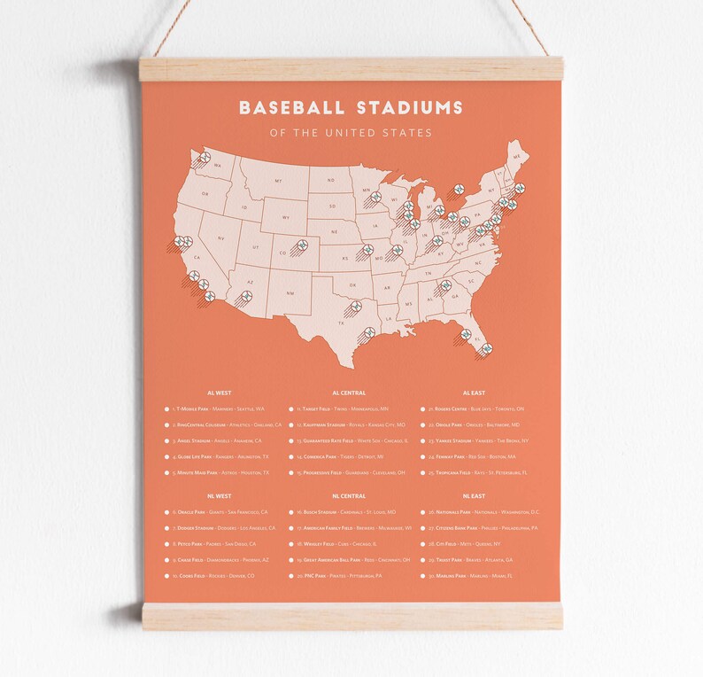 MLB Baseball Stadiums Map Checklist, Travel Tracker (8.5x11 Print at ...