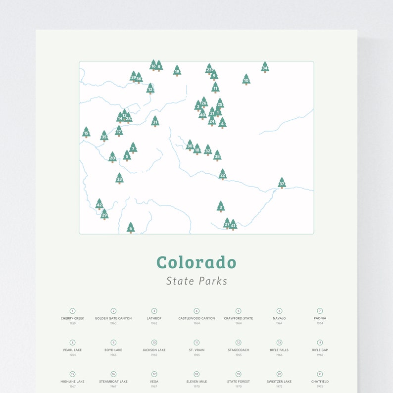 Colorado kaart met staatsparken downloaden 8x10 tot 24x36/kaart van Colorado, staatsparken van Colorado, CO staatsparken, Colorado poster afbeelding 2