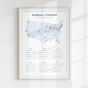 May include: A blue and white map of the United States showing the locations of baseball stadiums. The map is titled "Baseball Stadiums of the United States". A list of stadiums is below the map, organized by region: AL West, AL Central, AL East, NL West, NL Central, NL East.