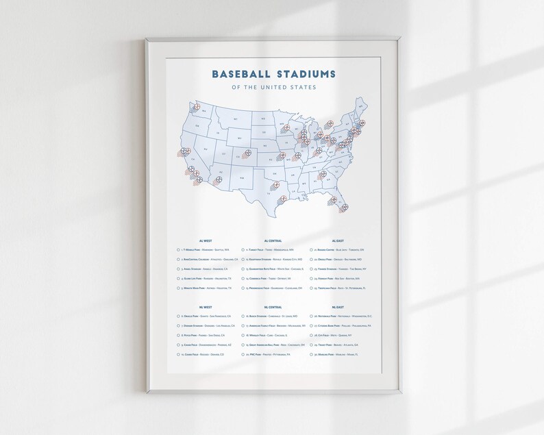 May include: A blue and white map of the United States showing the locations of baseball stadiums. The map is titled "Baseball Stadiums of the United States". A list of stadiums is below the map, organized by region: AL West, AL Central, AL East, NL West, NL Central, NL East.