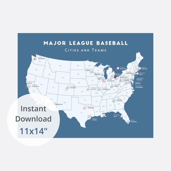 Blue MLB Teams Map download 11x14" / LA Dodgers, Seattle Mariners, Washington Nationals, baseball teams, ballpark checklist, baseball lover