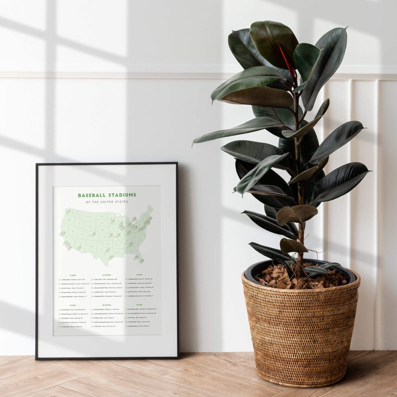 May include: A black framed poster with a map of the United States showing the locations of baseball stadiums. The poster is titled "Baseball Stadiums of the United States". The poster is leaning against a white wall next to a potted rubber plant.