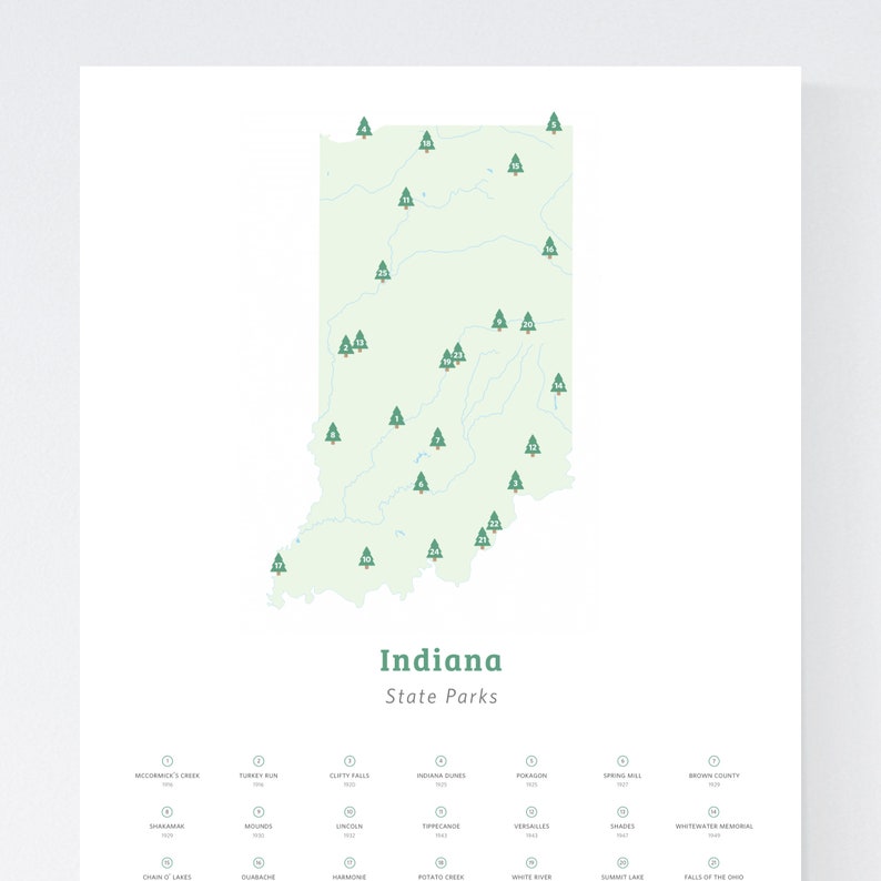 Map of Indiana State Parks Download 8.5x11 Print at Home / Etsy