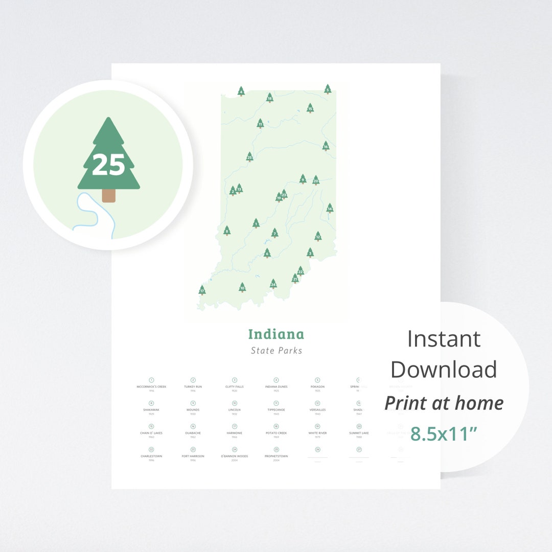 Map of Indiana State Parks Download 8.5x11 Print at Home / - Etsy