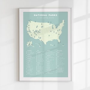 National Park Checklist Map • Minimalist National Park poster, National Parks print, National Park wedding gift, National Park bucket list Green