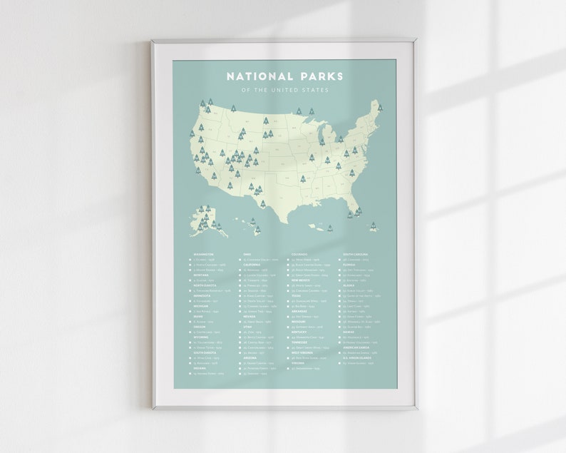 National Park Checklist Map • Minimalist National Park poster, National Parks print, National Park wedding gift, National Park bucket list Green