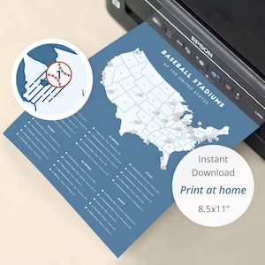 May include: A blue print titled "Baseball Stadiums of the United States" with a map of the U.S. and baseball icons. The print includes the text "Instant Download Print at home 21.6 x 27.9 cm". An Epson printer is in the background.