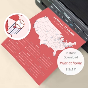 May include: A printable map of the United States showing the locations of all major league baseball stadiums. The map is red with white outlines of the states and black dots representing the stadiums. The text "Baseball Stadiums of the United States" is at the top of the map. The text "Instant Download Print at home 8.5x11" is at the bottom of the map.