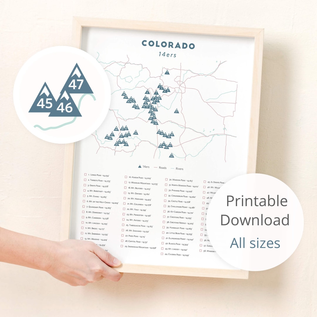 Colorado 14ers Map, Colorado 14er Poster, Colorado 14ers Print, Map of ...
