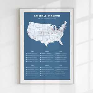May include: A blue and white map of the United States showing the locations of all Major League Baseball stadiums. The map is titled "Baseball Stadiums of the United States".
