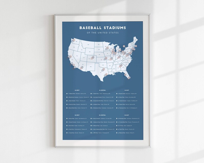 May include: A blue and white map of the United States showing the locations of all Major League Baseball stadiums. The map is titled "Baseball Stadiums of the United States".