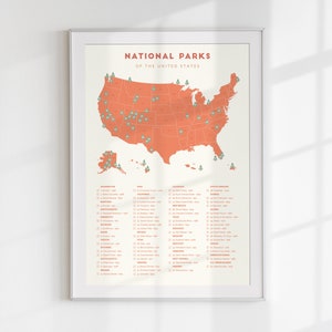 National Park Checklist Map • Minimalist National Park poster, National Parks print, National Park wedding gift, National Park bucket list Red