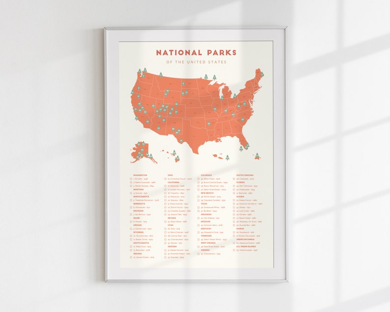 National Park Checklist Map • Minimalist National Park poster, National Parks print, National Park wedding gift, National Park bucket list Red