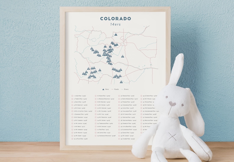 Minimalist Colorado 14ers Checklist Colorado 14er poster, Colorado fourteeners poster, map of Colorado 14ers Colorado themed gift image 3