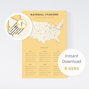 May include: A yellow and white printable map of the United States with baseball stadiums marked with numbers. The map is titled "Baseball Stadiums of the United States". A checklist of baseball stadiums is included below the map, organised by league and region.