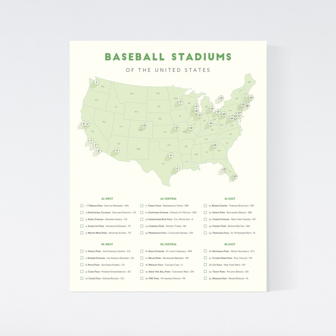 Baseball Stadiums checklist map 11x14 stadium maps Etsy