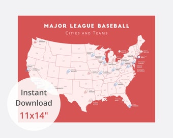 Red Map of Baseball Teams download 11x14" / baseball teams checklist, baseball poster, Atlanta Braves, Cleveland Guardians, Cincinnati Reds