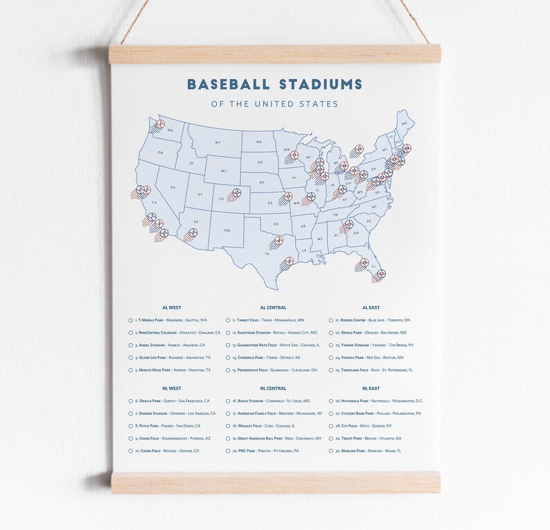 Baseball Stadiums Tracker Map download (print at home 8.5x11) / MLB stadiums, MLB teams map, LA Dodgers, ballpark checklist, baseball map image 2