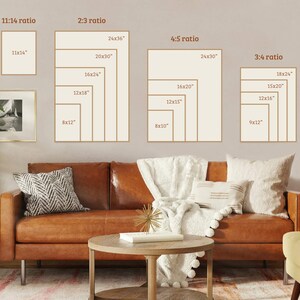 May include: A graphic showing different aspect ratios for framing art prints. The ratios are 11:14, 2:3, 4:5, and 3:4. The image shows the different sizes of prints that would fit within each ratio. The image also shows a brown leather sofa with white throw pillows and a white throw blanket.