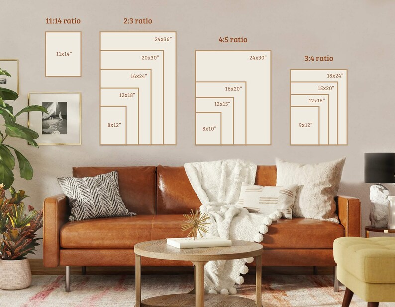 May include: A graphic showing different aspect ratios for framing art prints. The ratios are 11:14, 2:3, 4:5, and 3:4. The image shows the different sizes of prints that would fit within each ratio. The image also shows a brown leather sofa with white throw pillows and a white throw blanket.