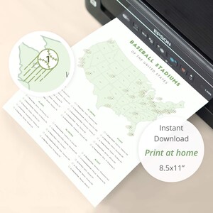 May include: A printed map of the United States with baseball stadium locations, printed on A4 paper (approx. 21.6 x 27.9 cm). The map is light green with stadium icons. Text includes "Baseball Stadiums of the United States", "Instant Download", and "Print at home".