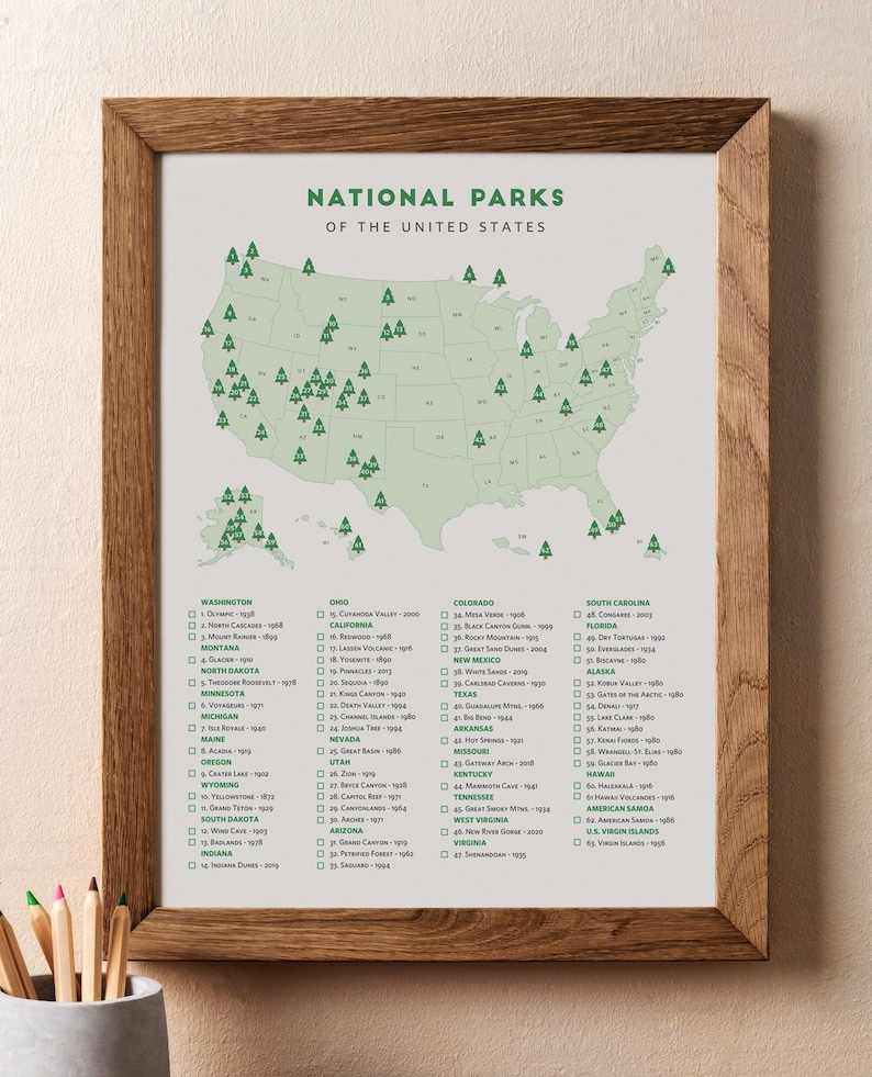 National Park Checklist Map • Minimalist National Park poster, National Parks print, National Park wedding gift, National Park bucket list image 2