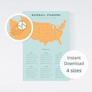May include: A printable map of the United States with baseball stadiums marked with a baseball icon. The map is on a light blue background with a checklist of baseball teams by division. The text "BASEBALL STADIUMS OF THE UNITED STATES" is at the top of the map. The text "Instant Download 4 sizes" is in a white circle on the right side of the map.