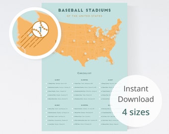 Map of Baseball Stadiums download GOLD (8x12" to 20x30") / checklist of stadiums, MLB stadium map, map of MLB teams, for man cave