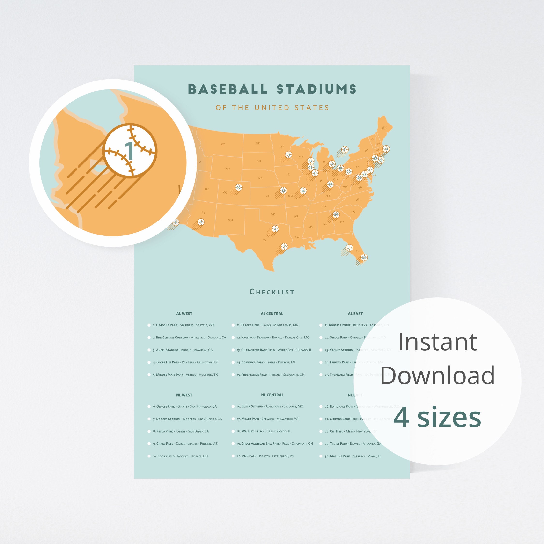 Baseball Stadiums Map Checklist 11x14 White