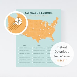 Map of baseball stadiums download (instant download 8.5x11) / baseball retirement gift, checklist of stadiums, digital download