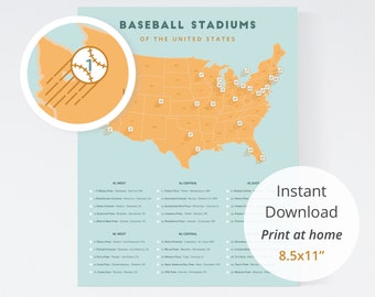 Map of baseball stadiums download (instant download 8.5x11) / baseball retirement gift, checklist of stadiums, digital download