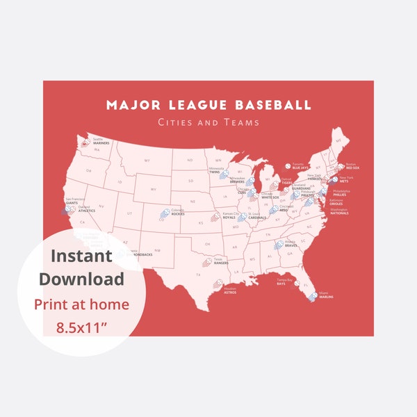 Map of Baseball Teams download 8.5x11" / baseball stadium checklist, baseball poster, Atlanta Braves, Cleveland Guardians, Cincinnati Reds