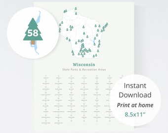 Kaart van Wisconsin State Parks download (8.5x11 print thuis) / Wisconsin kaart, staatsparken van Wisconsin, WI staatsparken, afdrukbare download