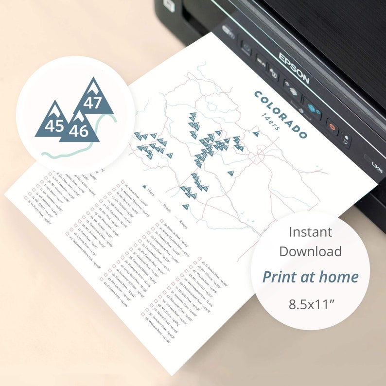Printable Colorado 14er Checklist Colorado 14ers poster, Colorado fourteeners, Colorado 14ers download, 14er map Colorado themed gift image 1