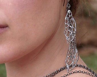 Long Sterling Silver Leaf Earrings,organic  extra long Errings, stylish dangle Earrings , statemet  Earrings , long nature silver earrings