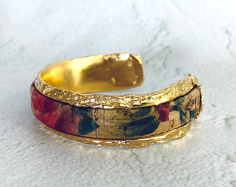 Colorful Open Bangle Bracelet, Wide Gold Plated Cuff Bracelet, Cork Bracelet, Eco Friendly Jewelry, Unique Cuff Bracelet for Women