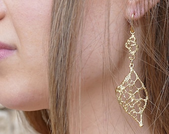 Long dangle earrings, Filigree earrings, Mesh earrings, Long bridal earrings, Stylish earrings, Gold plated Filigree earrings