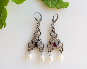 Silver Leaf Earrings Dangle, Botanical Earrings, Pearl Silver Statement Earrings, Nature inspired Jewelry, Handmade Unique Art Earrings